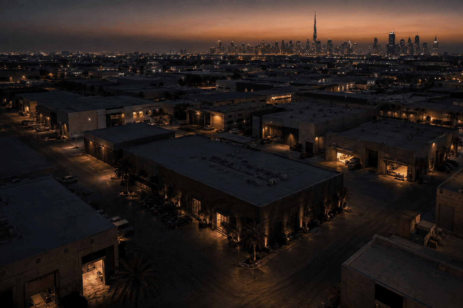 The warehouse blocks of Al Quoz at dusk, with the city beyond