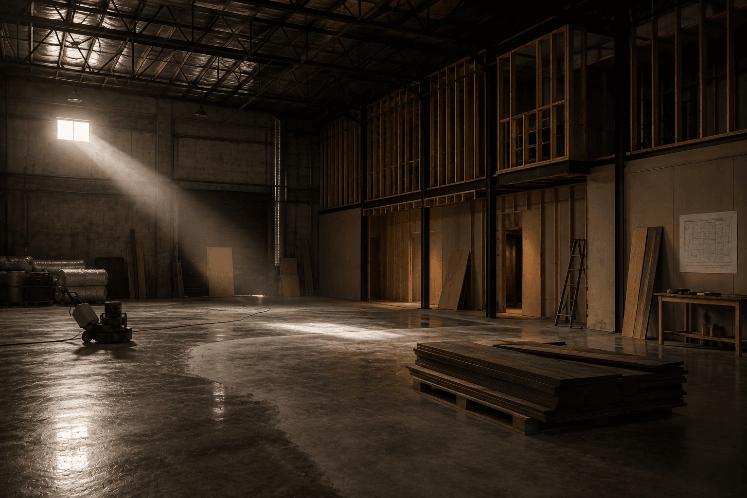 A warehouse mid-conversion, partitions framed and the floor being ground back