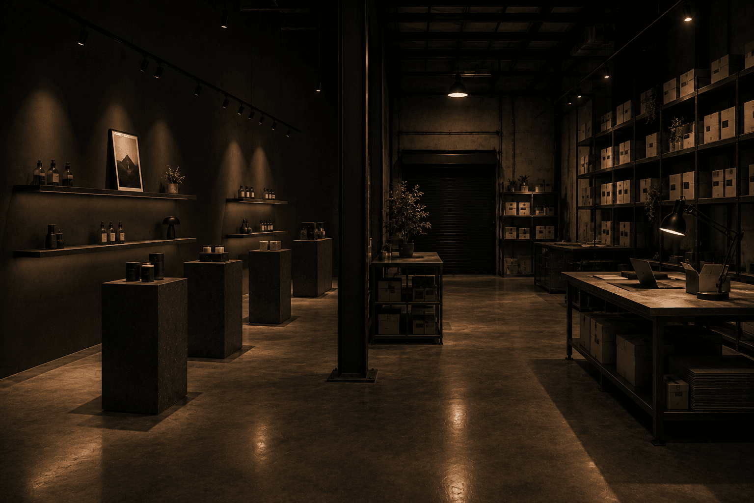 A converted unit running as a showroom at one end and a packing bench at the other