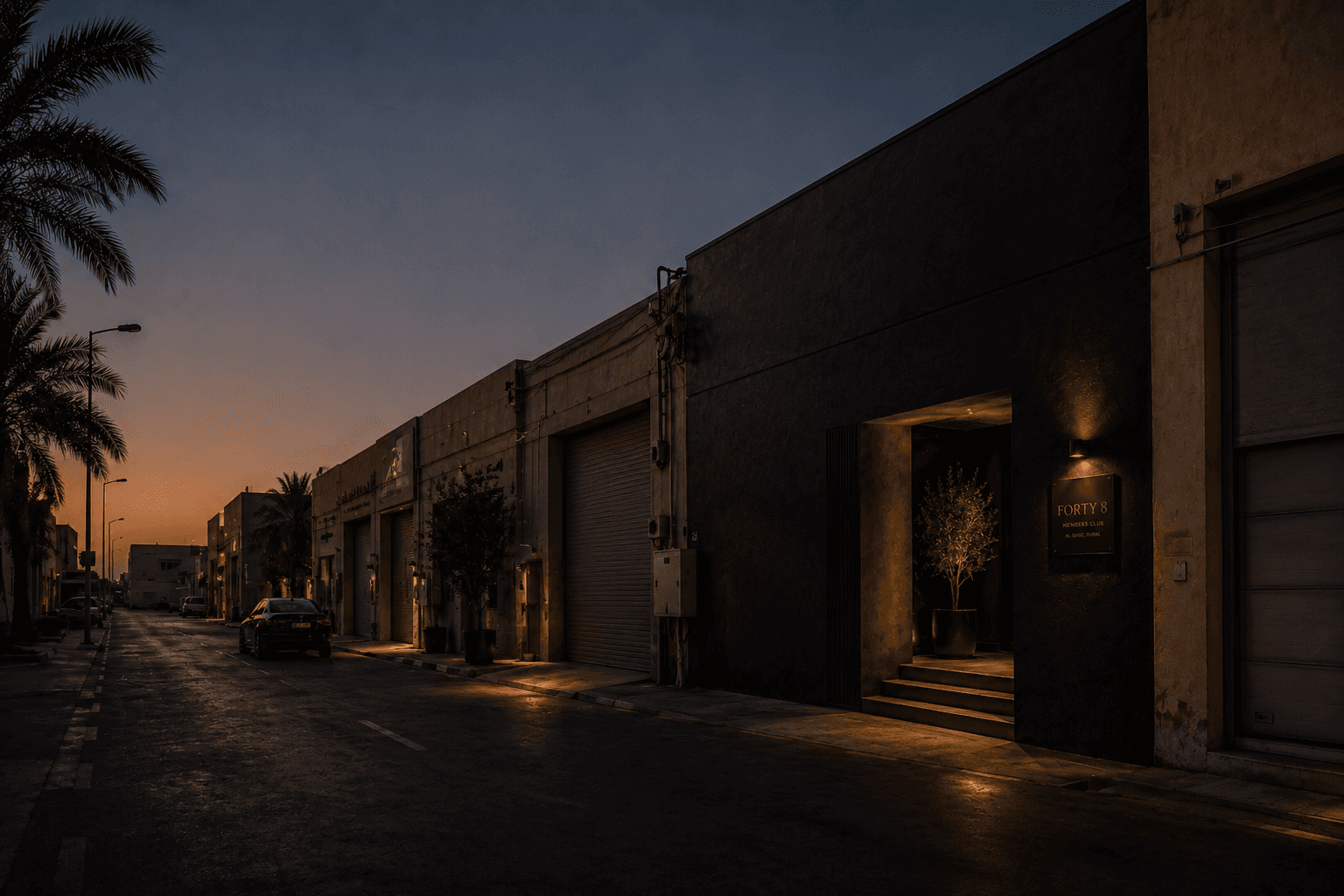 The street at dusk, the club's door the only lit thing on it