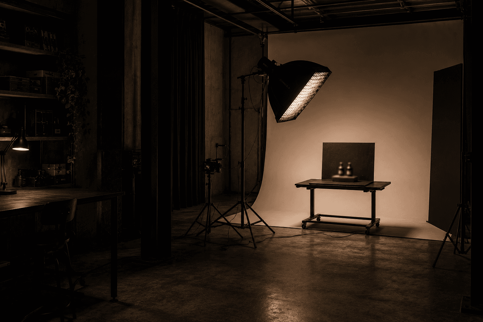 A photography studio in a converted unit, lit and set for a product shoot