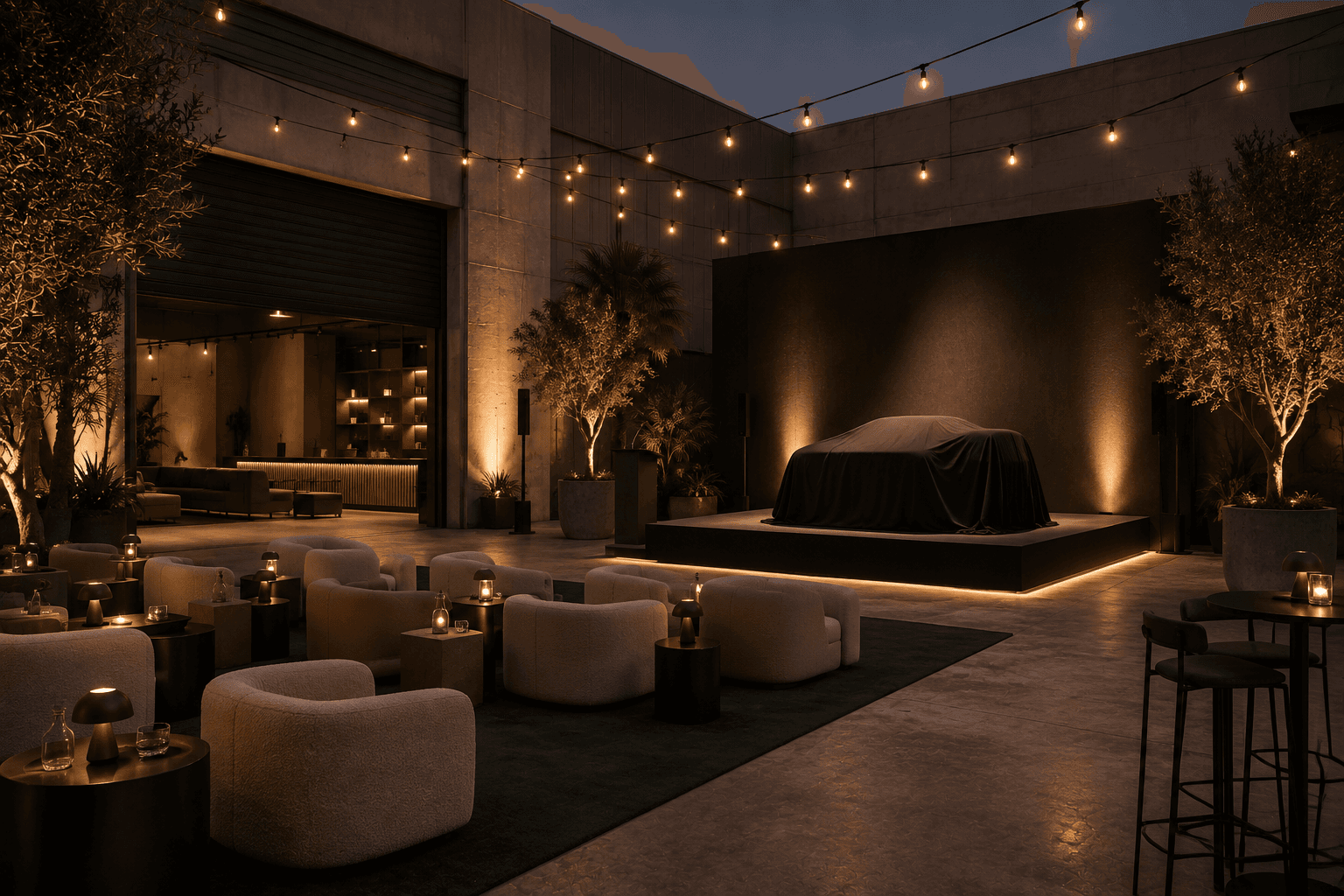 The courtyard set for a launch, a covered car on a lit plinth